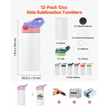 Sublimation Tumblers, 12 Pack, 12 oz Kids Sublimation Water Bottles, Food-Grade Stainless Steel Cups with Lids and Straws, Double Wall Insulated Tumbler Blank, for DIY Personalized Customization