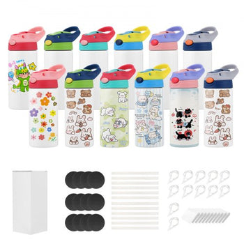 Sublimation Tumblers, 12 Pack, 12 oz Kids Sublimation Water Bottles, Food-Grade Stainless Steel Cups with Lids and Straws, Double Wall Insulated Tumbler Blank, for DIY Personalized Customization