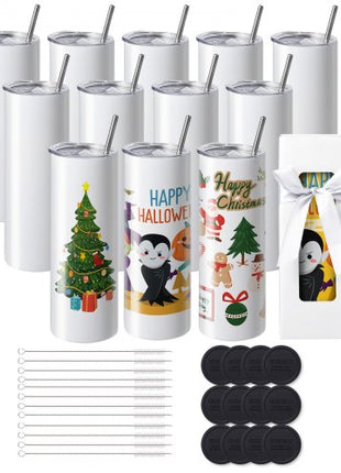 12 Pack Sublimation Tumblers 20oz Skinny Straight, Stainless Steel Sublimation Tumblers Blank, Stainless Steel Double Wall Tumbler for Heat Transfer Customized Gifts with Lid and Straw, Gift Box