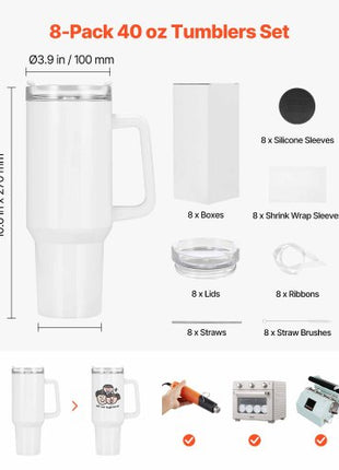Sublimation Tumblers, 8 Pack, 40 oz Tumblers Bulk with Handle, Stainless Steel Sublimation Cups with Lids and Straws, Double Wall Insulated Tumbler Blank, for DIY Personalized Customization
