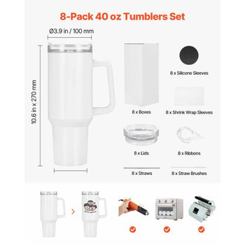 Sublimation Tumblers, 8 Pack, 40 oz Tumblers Bulk with Handle, Stainless Steel Sublimation Cups with Lids and Straws, Double Wall Insulated Tumbler Blank, for DIY Personalized Customization