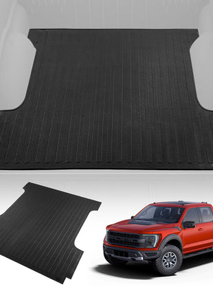 Black rubber truck bed mat with ribbed texture, designed for durability and protection, fits most truck models.