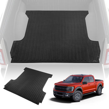 Black rubber truck bed mat with ribbed texture, designed for durability and protection, fits most truck models.