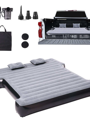 Gray inflatable air mattress for trucks, featuring built-in pillows and electric pump, compact storage bag included.