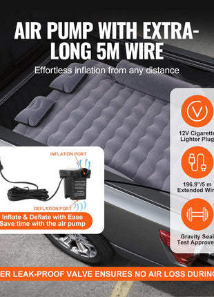 Black air pump with 5m wire, 12V cigarette lighter compatible, designed for quick and easy inflation of inflatable beds.