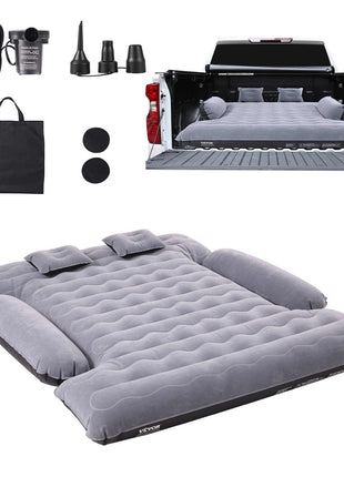 Gray inflatable truck bed mattress set with two pillows, electric pump, and storage bag, ideal for camping and outdoor use.