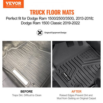 SKYSHALO Truck Floor Liners, Fits Dodge Ram 1500/2500/3500 & 1500 Classic 2013-2018/2019-2022(Crew Cab Only), Include 3 Front & Second Row Mats, Weather-Resistant TPE Custom Fit Mats for Pickup, Black