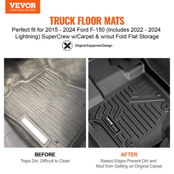 Automotive Floor Mats, Fits for 2015-2024 Ford F-150 (Includes 2022-2024 Lightning) SuperCrew with Carpet & Without Fold Flat Storage, 3 pcs Front and 2nd Row Liners, Liners for Trucks, Black
