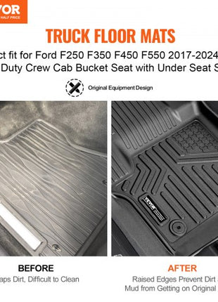 Automotive Floor Mats, Fits for Ford F250 F350 F450 F550 2017-2024 2025 Super Duty Crew Cab Bucket Seat with Under Seat Storage, 3 pcs Front and 2nd Row Liners, Floor Liners for Trucks, Black