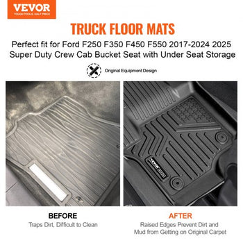 Automotive Floor Mats, Fits for Ford F250 F350 F450 F550 2017-2024 2025 Super Duty Crew Cab Bucket Seat with Under Seat Storage, 3 pcs Front and 2nd Row Liners, Floor Liners for Trucks, Black