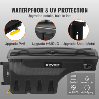 Black waterproof storage box with UV protection; durable PA6 material, built to last.