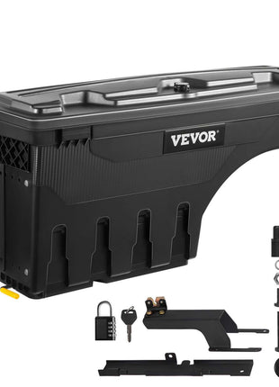Black VEVOR tool box, durable plastic, wall-mounted design, includes lock and hardware for secure storage.