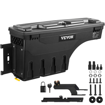 Black VEVOR tool box, durable plastic, wall-mounted design, includes lock and hardware for secure storage.