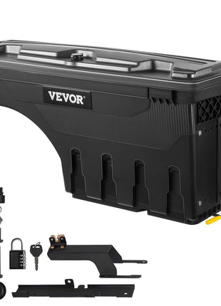 Black heavy-duty VEVOR truck tool box with lock, mounting hardware, and organizational features. Durable plastic construction.