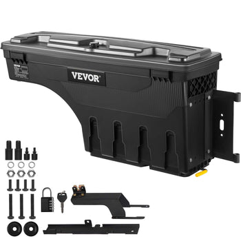 Black heavy-duty VEVOR truck tool box with lock, mounting hardware, and organizational features. Durable plastic construction.