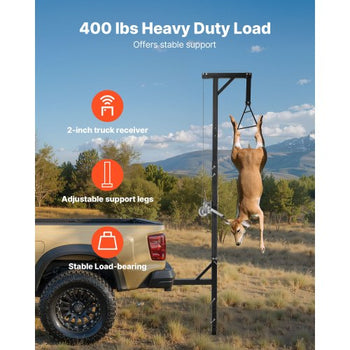 Truck Hitch Game Hoist, 400 lbs Load Capacity, Hunting Deer Hoist with 2-inch Receiver, 360-Degree Swivel Shaft & Adjustable Height, Includes Gambrel Winch for Skinning & Cleaning Game