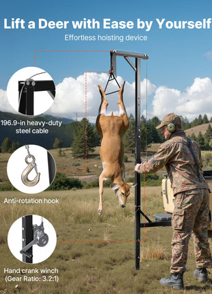 Truck Hitch Game Hoist, 400 lbs Load Capacity, Hunting Deer Hoist with 2-inch Receiver, 360-Degree Swivel Shaft & Adjustable Height, Includes Gambrel Winch for Skinning & Cleaning Game