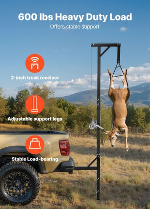 Truck Hitch Game Hoist, 600 lbs Load Capacity, Hunting Deer Hoist with 2-inch Receiver, 360-Degree Swivel Shaft & Adjustable Height, Includes Gambrel Winch for Skinning & Cleaning Game