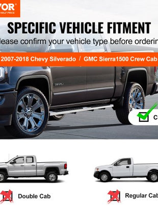 Running Boards, 6" Step Bars Compatible with 2007-2018 Chevy Silverado/GMC Sierra 1500 Crew Cab/2019 2500HD 3500HD 1500 LD, 201 Stainless Steel Side Steps Nerf Bars, 500LBS Capacity, 2 Piece