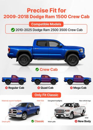 Running Boards, 6 Inches Side Steps Compatible with 2009-2018 Dodge Ram 1500 Crew Cab, 2010-2025 Dodge Ram 2500 3500 Crew Cab(Not Fit 2019-2025 Ram 1500 New Body), Black Textured Aluminum Alloy Nerf Bars, 500 lbs Load Capacity
