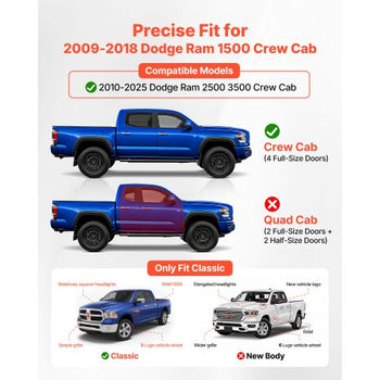 Running Boards, 6 Inches Side Steps Compatible with 2009-2018 Dodge Ram 1500 Crew Cab, 2010-2025 Dodge Ram 2500 3500 Crew Cab(Not Fit 2019-2025 Ram 1500 New Body), Wide Non-Slip Black Carbon Steel Nerf Bars, 550 lbs Load Capacity