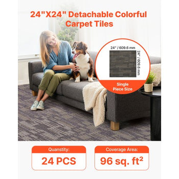 Carpet Tiles Reusable 24x24 inch, 24 PCS Modular Carpet Square Rug, Commercial Floor Soft Padded for Seamless Cover 96sq.ft², Easy DIY for Living Room Bedroom Office Indoor,Gray & Brown