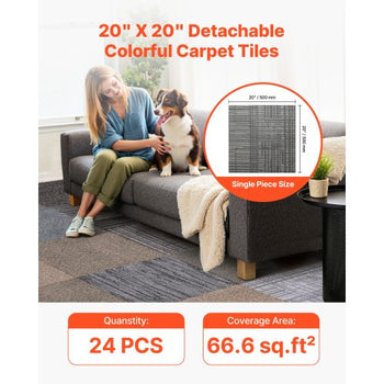 Carpet Tiles Reusable 20x20 inch, 24 PCS Modular Carpet Square Rug, Commercial Floor Soft Padded for Seamless Cover 66.6sq.ft, Easy DIY Replacement for Living Room Bedroom Indoor,Multicolor