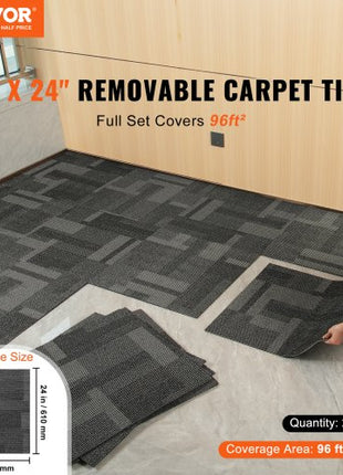 Carpet Tiles Reusable, 24"x 24"Carpet Squares With Padding Attached, Soft Padded Carpet Tiles, Easy Install DIY for Bedroom Living Room (24Tiles, Mixed Gray)