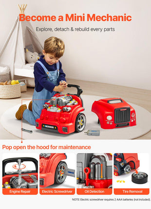 Engine Toy, 60 Pieces, Kids Mechanic Car Repair Set with Removable Parts, Lights and Sounds, Steering Wheel and Horn, Kids Mechanic Workshop Set for Toddler Ages 3 Years and Up, Red