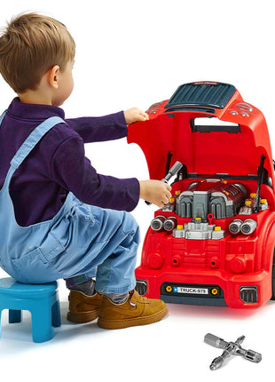 Engine Toy, 60 Pieces, Kids Mechanic Car Repair Set with Removable Parts, Lights and Sounds, Steering Wheel and Horn, Kids Mechanic Workshop Set for Toddler Ages 3 Years and Up, Red