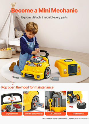 Engine Toy, 60 Pieces, Kids Mechanic Car Repair Set with Removable Parts, Lights and Sounds, Steering Wheel and Horn, Kids Mechanic Workshop Set for Toddler Ages 3 Years and Up, Yellow