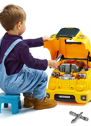 Engine Toy, 60 Pieces, Kids Mechanic Car Repair Set with Removable Parts, Lights and Sounds, Steering Wheel and Horn, Kids Mechanic Workshop Set for Toddler Ages 3 Years and Up, Yellow
