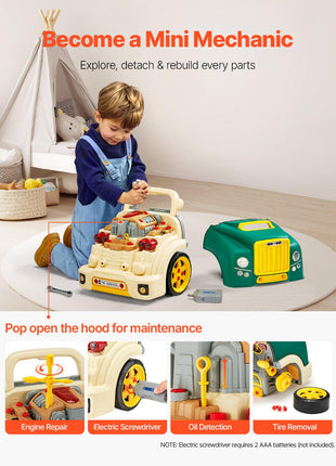 Engine Toy, 60 Pieces, Kids Mechanic Car Repair Set with Removable Parts, Lights and Sounds, Steering Wheel and Horn, Kids Mechanic Workshop Set for Toddler Ages 3 Years and Up, Green