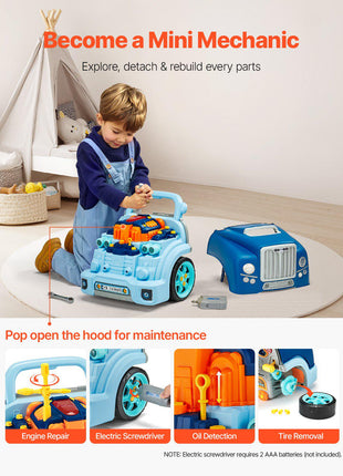 Engine Toy, 60 Pieces, Kids Mechanic Car Repair Set with Removable Parts, Lights and Sounds, Steering Wheel and Horn, Kids Mechanic Workshop Set for Toddler Ages 3 Years and Up, Blue