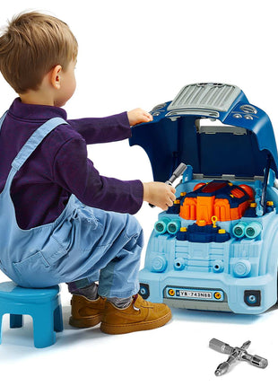 Engine Toy, 60 Pieces, Kids Mechanic Car Repair Set with Removable Parts, Lights and Sounds, Steering Wheel and Horn, Kids Mechanic Workshop Set for Toddler Ages 3 Years and Up, Blue