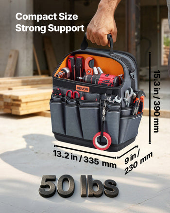 Tool Bag, 13.2 Inch, 39-Pocket Open Top Tool Pouch, Portable Electrical Maintenance Toolbox Organizer Storage with Hard Plastic Base, Adjustable Shoulder Strap, for Professionals DIY & Jobsite