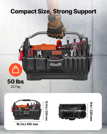 Tool Bag, 16.1 Inch, 33-Pocket Open Top Tool Tote, Portable Electrical Maintenance Toolbox Organizer Storage with Hard Plastic Base, Adjustable Shoulder Strap, for Professionals DIY & Jobsite