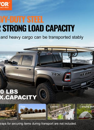 Truck Ladder Rack, 1000 LBS / 454 KG Strong Capacity Truck Racks, Non-Drilling / Drilling Installation for Long or Heavy Cargo, 43.3-63 inch Adjustable Width for Kayak, Ladder, Surfboard, Lumber