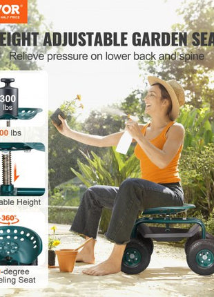 Garden Cart Rolling Workseat with Wheels, Gardening Stool for Planting, 360 Degree Swivel Seat, Wagon Scooter with Steering Handle & Utility Tool Tray, Use for Patio, Yard, and Outdoors, Green