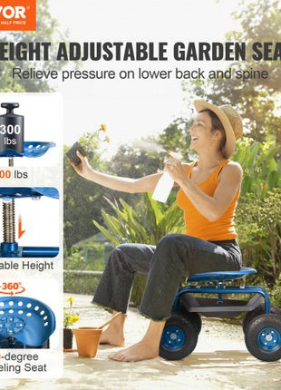 Garden Cart Rolling Workseat with Wheels, Gardening Stool for Planting, 360 Degree Swivel Seat, Wagon Scooter with Steering Handle & Utility Tool Tray, Use for Patio, Yard, and Outdoors, Blue