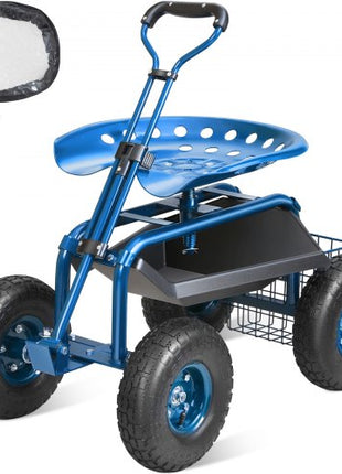 Garden Cart Rolling Workseat with Wheels, Gardening Stool for Planting, 360 Degree Swivel Seat, Wagon Scooter with Steering Handle & Utility Tool Tray, Use for Patio, Yard, and Outdoors, Blue