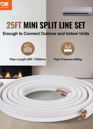 25FT Mini Split Line Set, 1/4" & 3/8" O.D Copper Pipes Tubing and Triple-Layer Insulation, for Air Conditioning or Heating Pump Equipment & HVAC with Rich Accessories (27ft Connection Cable)