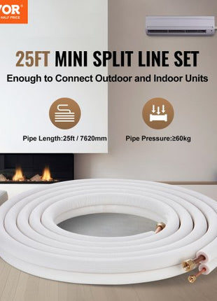 25FT Mini Split Line Set, 1/4" & 1/2" O.D Copper Pipes Tubing and Triple-Layer Insulation, for Air Conditioning or Heating Pump Equipment & HVAC with Rich Accessories (27ft Connection Cable)