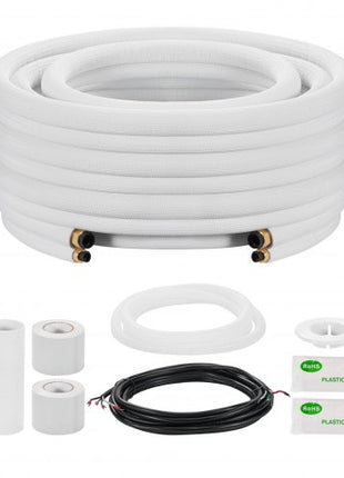 25ft Mini Split Line Set, 3/8 & 5/8 OD AC Copper Tubing Pipe, 3/8 White PE Thickened Insulated Coil with Flared Nuts, Rich Fittings, for Mini Split Air Conditioner HVAC or Heat Pump System