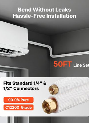 50ft Mini Split Line Set, 1/4 & 1/2 OD AC Copper Tubing Pipe, 3/8 White PE Thickened Insulated Coil with Flared Nuts, Rich Fittings, for Mini Split Air Conditioner HVAC or Heat Pump System