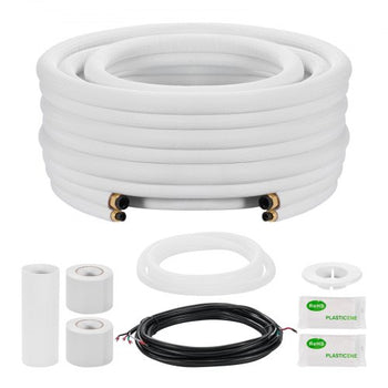 50ft Mini Split Line Set, 1/4 & 1/2 OD AC Copper Tubing Pipe, 3/8 White PE Thickened Insulated Coil with Flared Nuts, Rich Fittings, for Mini Split Air Conditioner HVAC or Heat Pump System