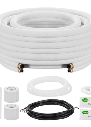 50ft Mini Split Line Set, 1/4” & 1/2” OD AC Copper Tubing Pipe, 3/8 White PE Thickened Insulated Coil with Flared Nuts, Rich Fittings, for Mini Split Air Conditioner HVAC or Heat Pump System