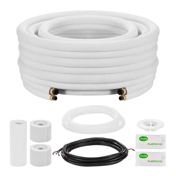 50ft Mini Split Line Set, 3/8” & 5/8” OD AC Copper Tubing Pipe, 3/8 White PE Thickened Insulated Coil with Flared Nuts, Rich Fittings, for Mini Split Air Conditioner HVAC or Heat Pump System