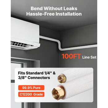 100ft Mini Split Line Set, 1/4 & 3/8 OD AC Copper Tubing Pipe, 3/8 White PE Thickened Insulated Coil with Flared Nuts, Strapping Tapes, for Mini Split Air Conditioner HVAC or Heat Pump System