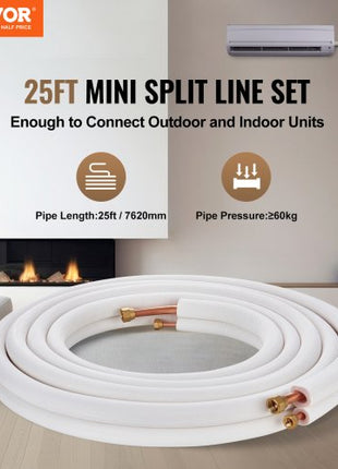 25FT Mini Split Line Set, 3/8" & 5/8" O.D Copper Pipes Tubing and Triple-Layer Insulation, for Mini Split Air Conditioning Refrigerant or Heating Pump Equipment & HVAC with Wrapping Strips.